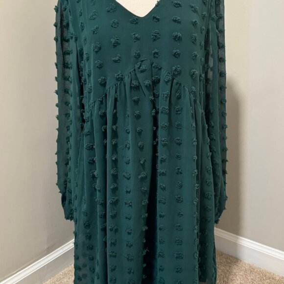 Womens Small 4-6 KIRUNDO L/S Dark Green Swiss Dot Flowy High Waist Mini Dress - Picture 3 of 4